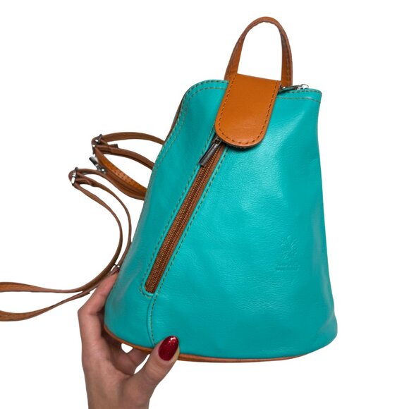 VERA PELLE Italian Genuine Leather Mini Backpack | Mint Green & Tan Brown | New - Picture 10 of 17